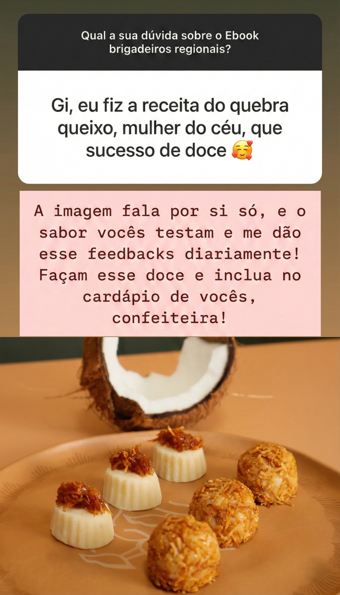 Print do feedback de aluna que fez a receita do quebra queixo e comemorou o sucesso nas vendas